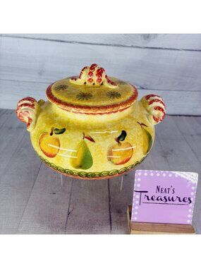 Vintage WCL Orange Yellow Fruit Floral Large Handles Ceramic Round Serving Bowl